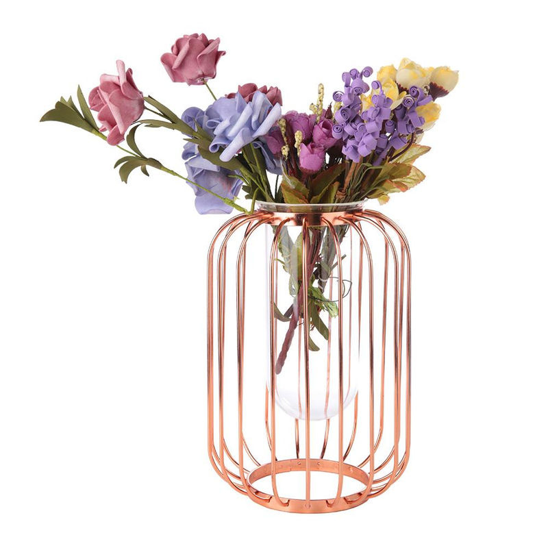 Tooarts Nordische Blumenvase in Laternenform aus Metall und Glas, Roségold/Transparent, Höhe: 21,5 cm - Bild 2