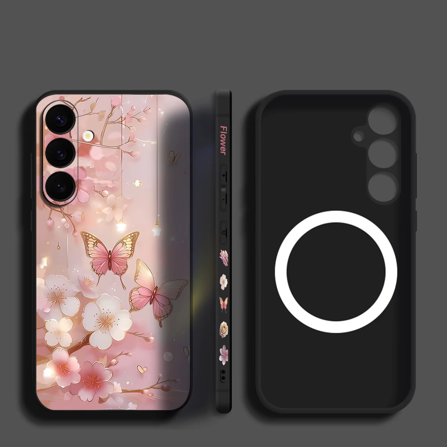 Magnetische Handyhülle mit Schmetterling und Blumen für Samsung Galaxy S25 S24 Ultra S23 S22 Plus S24 FE A56 A55 A16 A15 A36 in Beige und Weiß aus weichem TPU - Bild 2