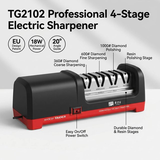 Taidea TG2102 Professioneller Elektrischer Messerschärfer in Schwarz mit 4-Stufen-Diamantschleifer und Harzpolitur, 18W und 2800RPM - Bild 1