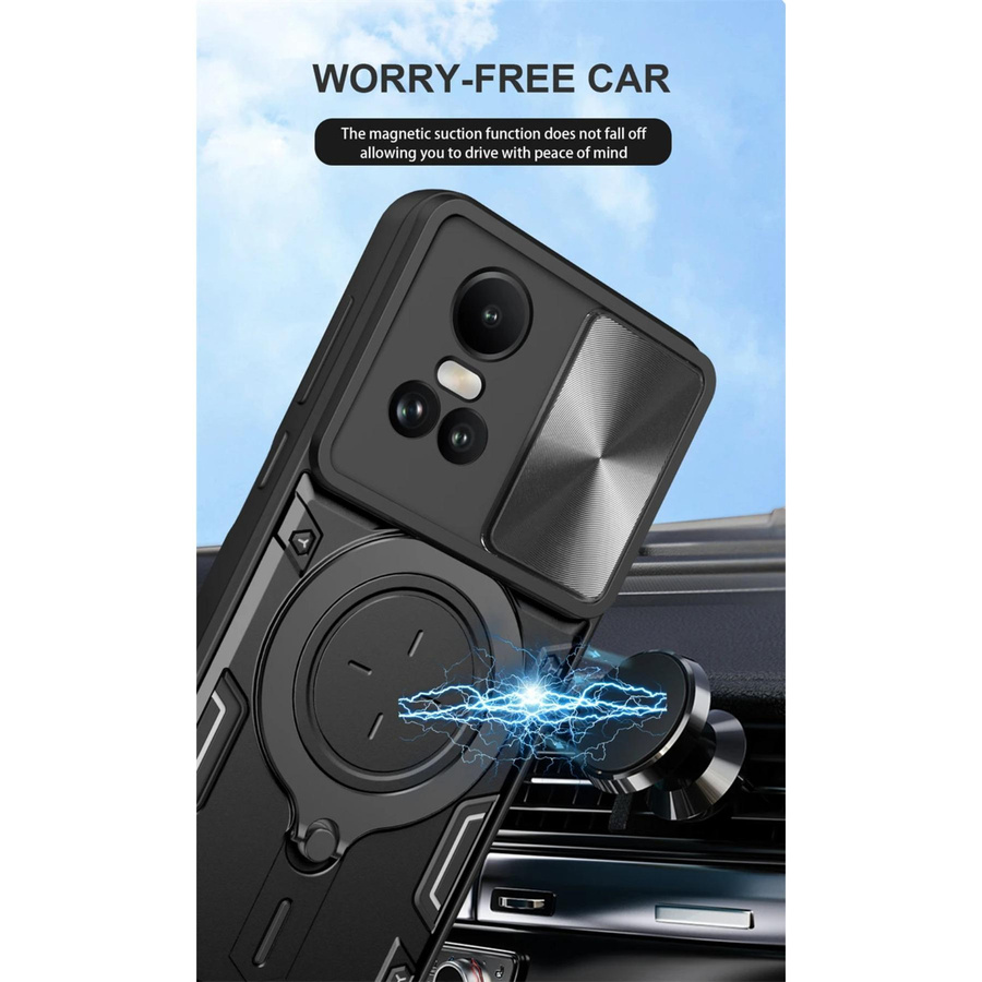 Stoßfeste Armor Handyhülle mit Schiebe-Objektivschutz und Ringhalter für OPPO Reno 10 5G in Schwarz - Bild 3