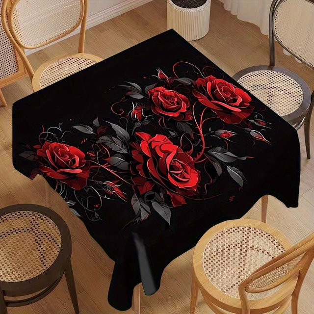 VIKAMA Quadratische Tischdecke mit floralem Rosendruck in Schwarz - Bild 1