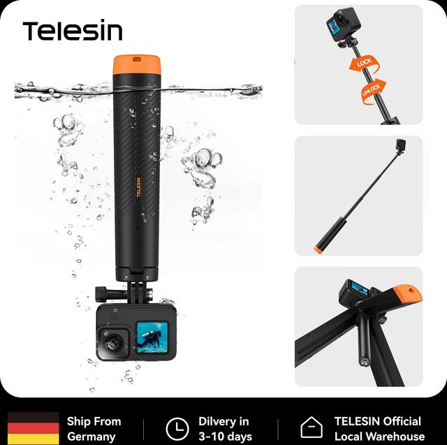 TELESIN 4-in-1 Selfie-Stick mit schwimmendem Handgriff und Stativ, wasserdichtes ausziehbares Selfie-Monopod in Schwarz für GoPro, DJI OSMO Action und Insta360 - Bild 1