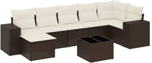 vidaXL 8-teilige Garten-Sofagarnitur in L-Form aus braunem Poly-Rattan mit cremeweißen Kissen und pulverbeschichtetem Stahlgestell - Bild 1