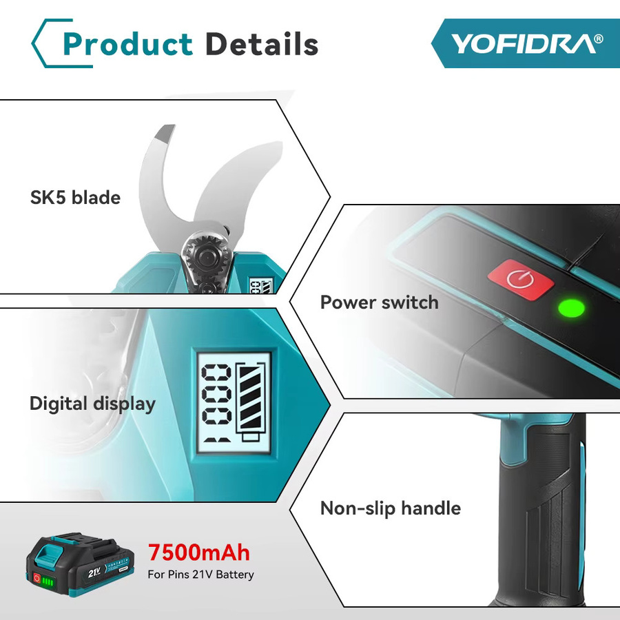 YOFIDRA Bürstenlose elektrische Gartenschere mit 2 Gängen und 32 mm Schnittkapazität, kabellose Astschere kompatibel mit Makita LXT Akku-Pin - Bild 5