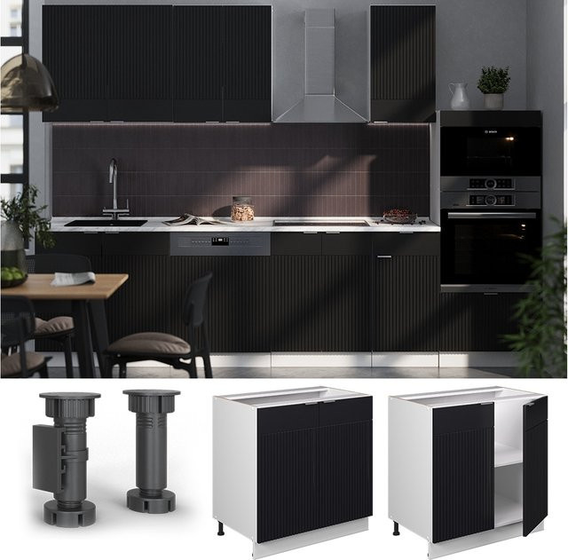 Vicco Unterschrank Fame-Line Weiß Schwarz gestreift mit Arbeitsplatte Marmor-Weiß Breite: 80 cm - Bild 1