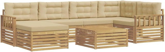 vidaXL Outdoor-Sofagarnitur in L-Form aus Akazienholz mit Kissen in Weiß und Beige - Bild 1
