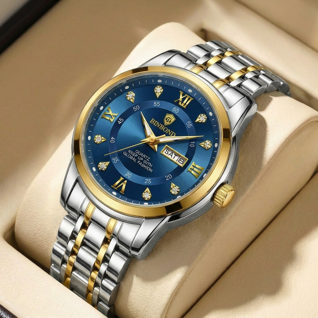 BINBOND Armbanduhr Quarz, Edelstahl, Bicolor, blaues Zifferblatt, Unisex - Bild 1