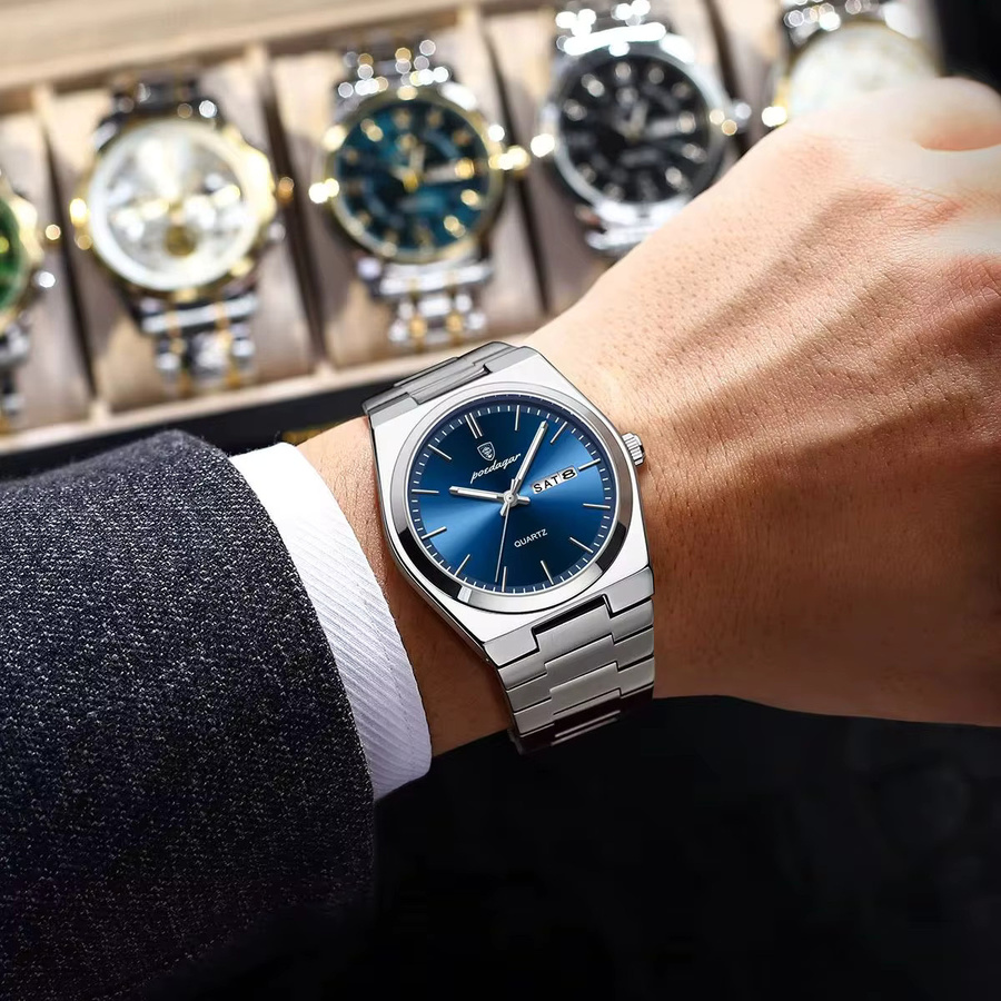 POEDAGAR Armbanduhr Edelstahl, Quarz, Herren, Blau, Datum, Wochentag - Bild 5
