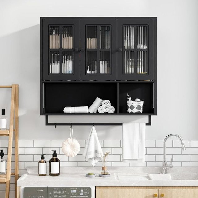 Wandmontierter Badezimmerschrank von MUVOE in Schwarz, dreitüriger Holzschrank mit Glastüren und Handtuchhalter im minimalistischen Design - Bild 1