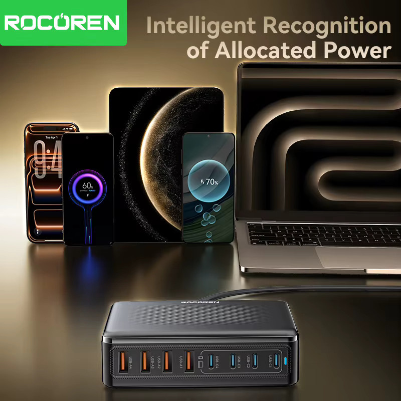 Rocoren 200W USB-C GaN-Ladegerät mit 8 Anschlüssen, USB-C PD3.1 Schnellladestation in Schwarz - Bild 4