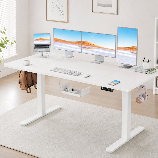 ErGear Elektrischer höhenverstellbarer Schreibtisch in Weiß mit mattem MDF-Laminat, Breite: 180 cm, Tiefe: 80 cm - Bild 1