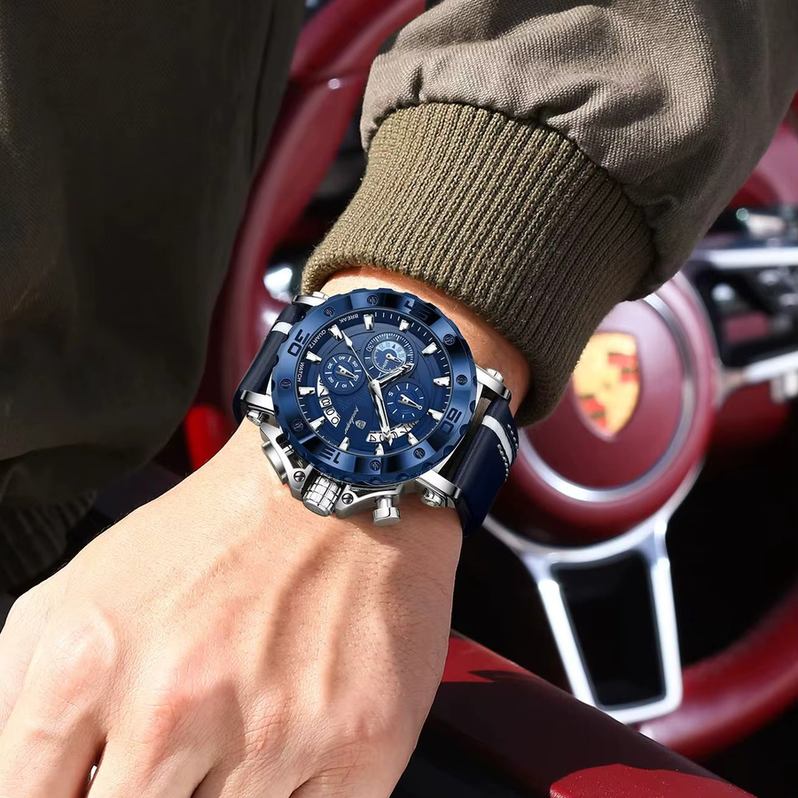 POEDAGAR Chronograph, Quarz, Leder, Blau, Roségold, Herren - Bild 6