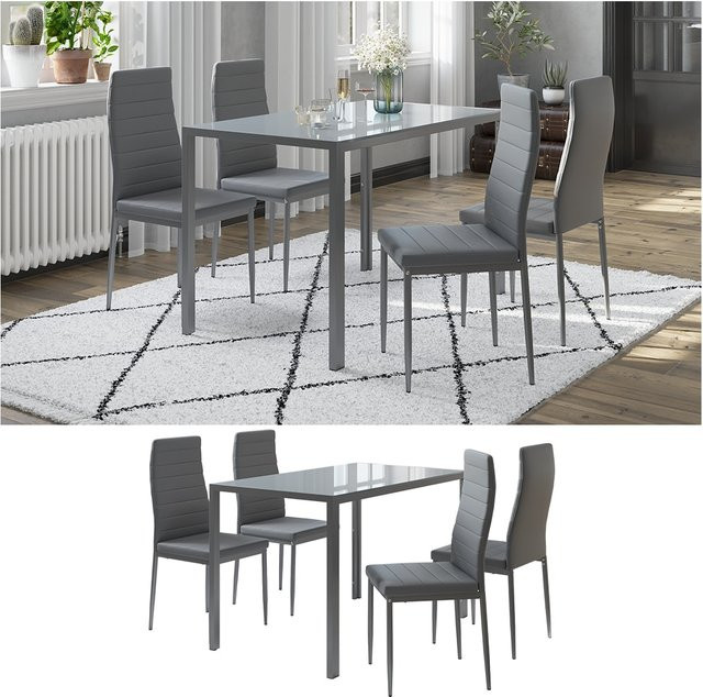 Vicco Grand Metall moderne Essgruppe mit Esstisch aus Glas und 4 Essstühlen in Grau - Bild 1