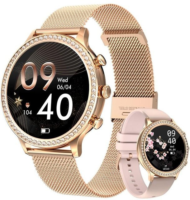 LIGE Smartwatch für Damen und Herren mit Bluetooth Anruffunktion, Blutdruckmessung und wasserdichtem Design in Gold und Rosa mit Mesh- und Silikonarmband - Bild 1
