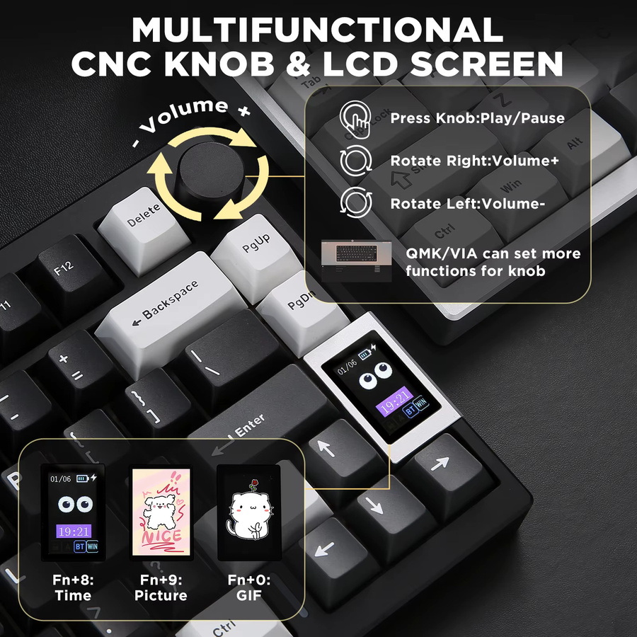 YUNZII AL80 Mechanische Gaming-Tastatur in Schwarz mit Aluminiumgehäuse, kabellose Bluetooth-Verbindung, Hot-Swap, QMK/VIA-Unterstützung und intelligentem LCD-Display mit Funktionsknopf - Bild 4