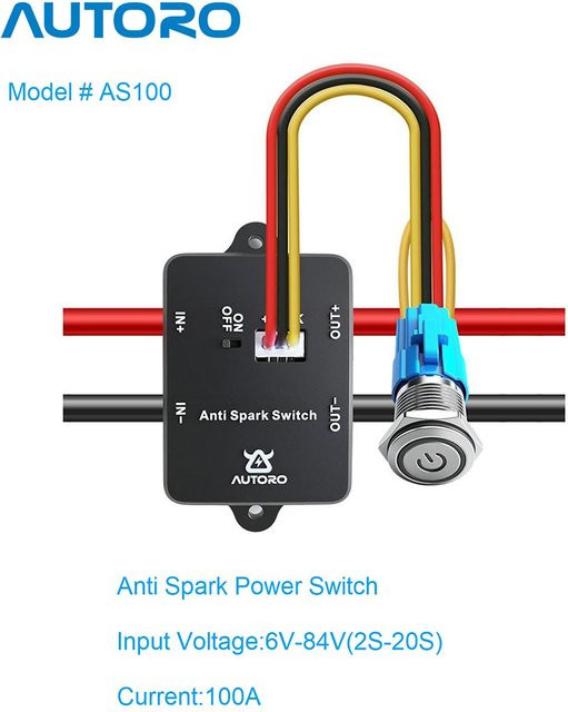 Autoro AS100A Anti-Funken-Schalter 100A 84V mit XT90 Anschluss für ESC Elektro-Skateboard RC Auto E-Bike Boot und Robotik, kompatibel mit 2S-20S Lipo-Batterien, Schwarz - Bild 1