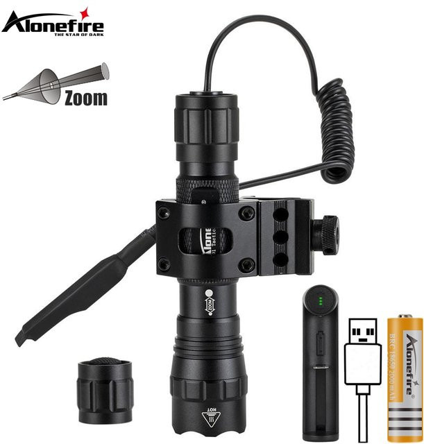Alonefire Taktische LED Taschenlampe mit Zoom und Fernbedienung, 12W, Schwarz - Bild 1