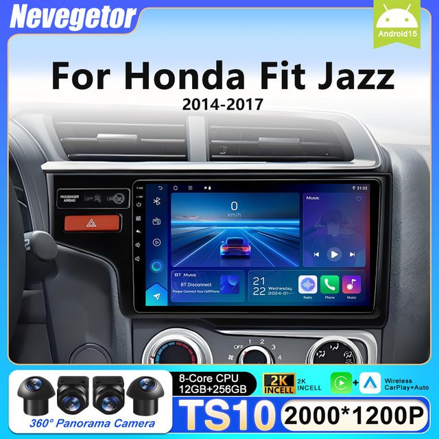 Nevegetor Android 16 Autoradio Stereoanlage für Honda Fit Jazz 2014-2017 LHD mit Carplay, Navigation, 4G und WIFI in Schwarz - Bild 1