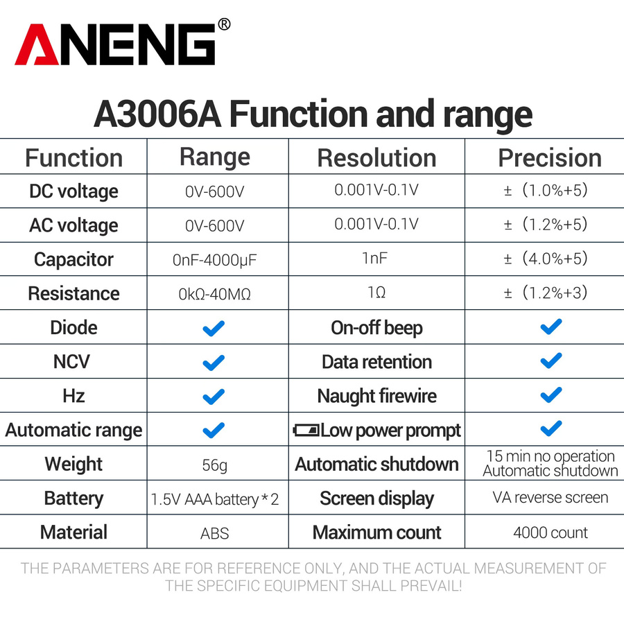 ANENG A3006A VA Multimeter mit umkehrbarem Display, automatischer Bereichswahl, 4000 Zählungen, 600V, NCV, Frequenz, Kapazität und Durchgangsprüfung - Bild 6