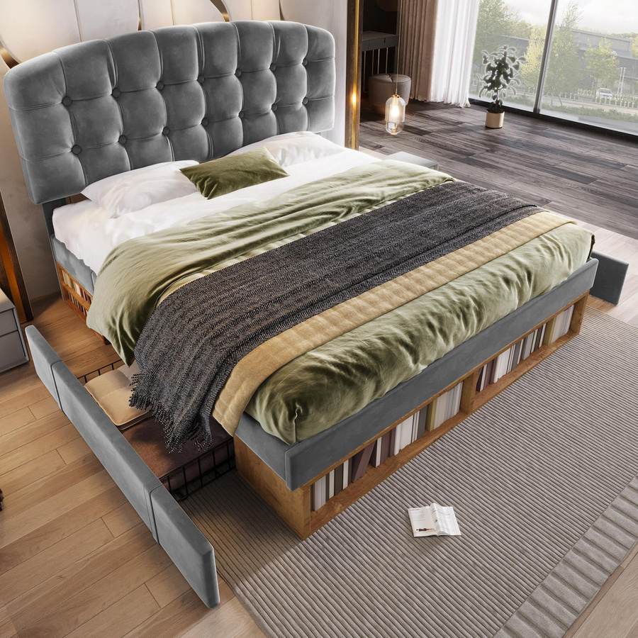 AB Store Polsterbett Doppelbett in Grau mit geschwungenem Kopfteil und Schubladen, B/T/H: 197 x 151 x 120 cm - Bild 2