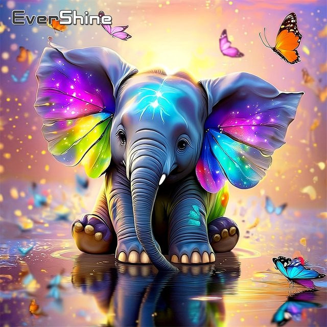 EverShine Diamant-Stickerei Elefantenbild mit Schmetterling als Vollquadrat-Mosaik in Multicolour - Bild 1