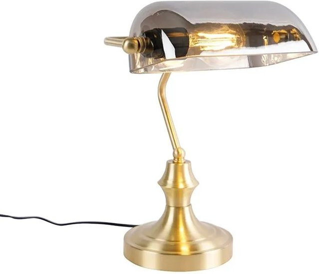 QAZQA Klassische Bankerlampe in Gold mit Rauchglas für Schreibtisch und Büro, dimmbar - Bild 1