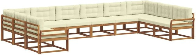 vidaXL Outdoor-Sofagarnitur aus massivem Akazienholz in U-Form, 10-teiliges Set in Natur und Creme mit wetterfesten Kissen - Bild 1