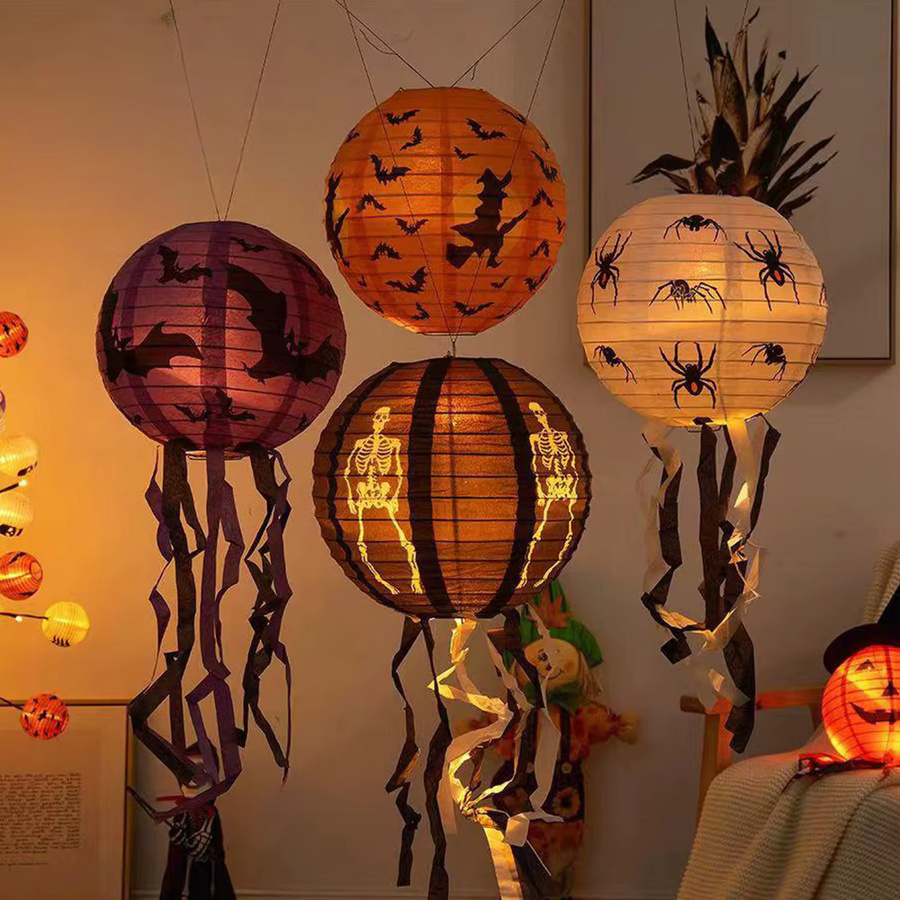 Runtowo 5er Set Halloween Papierlaternen mit Motiven wie Kürbis, Spinne, Fledermaus und Skelett, Durchmesser: 25 cm - Bild 4