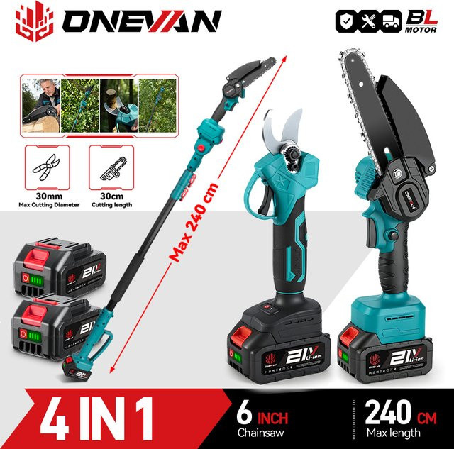 ONEVAN 4-in-1 Akku-Astschere mit Teleskopstange und bürstenlosem 3500W Motor als Elektro-Kettensäge und Hochastsäge für 18V oder 21V Akkus - Bild 1