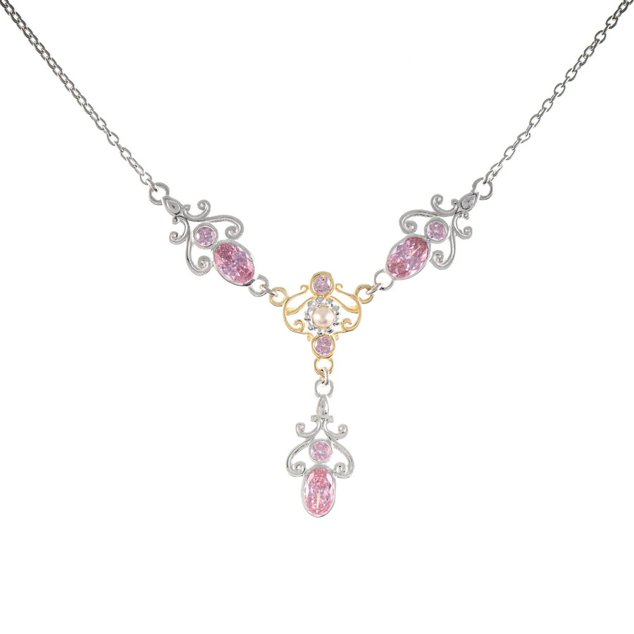 Collier 925 Silber, teilvergoldet, Zirkonia rosa, Perle, Unisex - Bild 1
