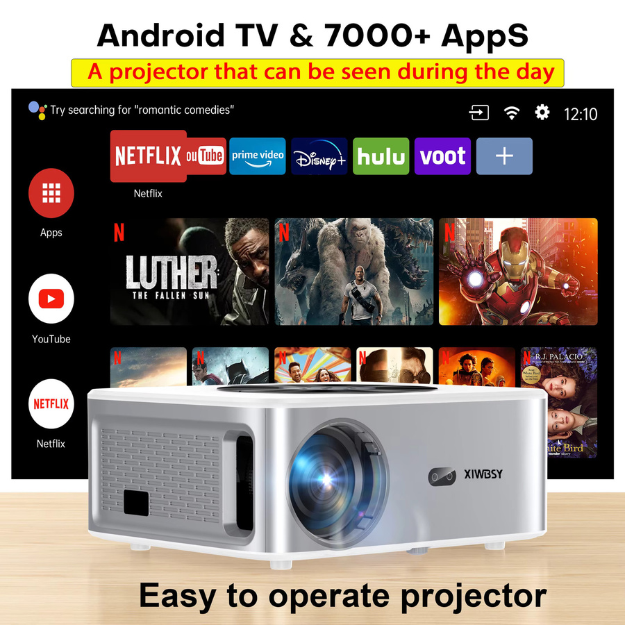 XIWBSY Autofokus-Projektor mit 1000 ANSI Lumen, Android-System, Bluetooth 5.2 und 4K/8K Video- und Audiodekodierung, Tragbares Heimkino in Weiß - Bild 2