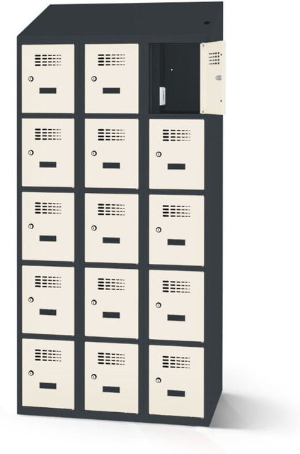 rotstahl Fächerschrank mit Ladefunktion und 15 Fächern in Weiß mit anthrazitgrauem Korpus, B: 120 cm, H: 200 cm - Bild 1