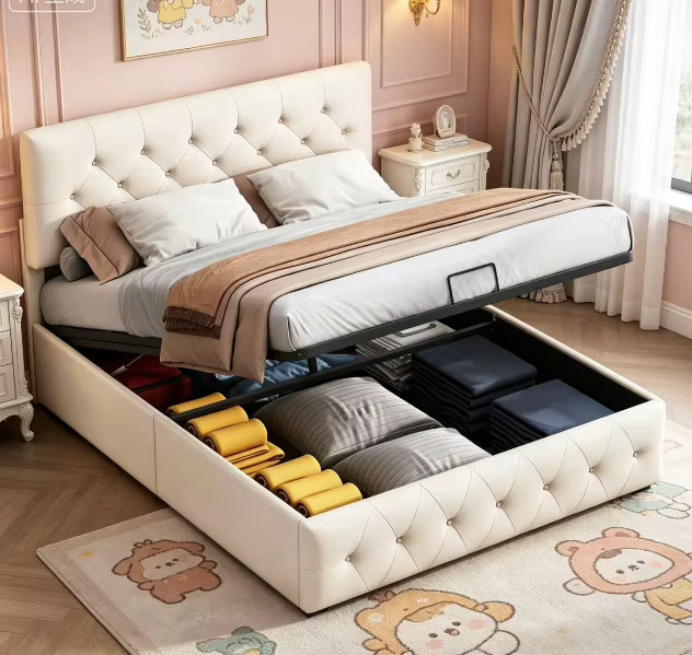 Polsterbett mit Stauraum und LED-Beleuchtung in Beige, B/T/H: 140 x 200 cm - Bild 4