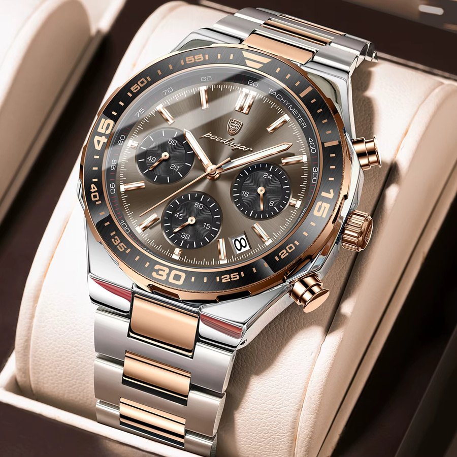 POEDAGAR Armbanduhr Edelstahl, Quarz, Chronograph, Schwarz, Herren - Bild 2