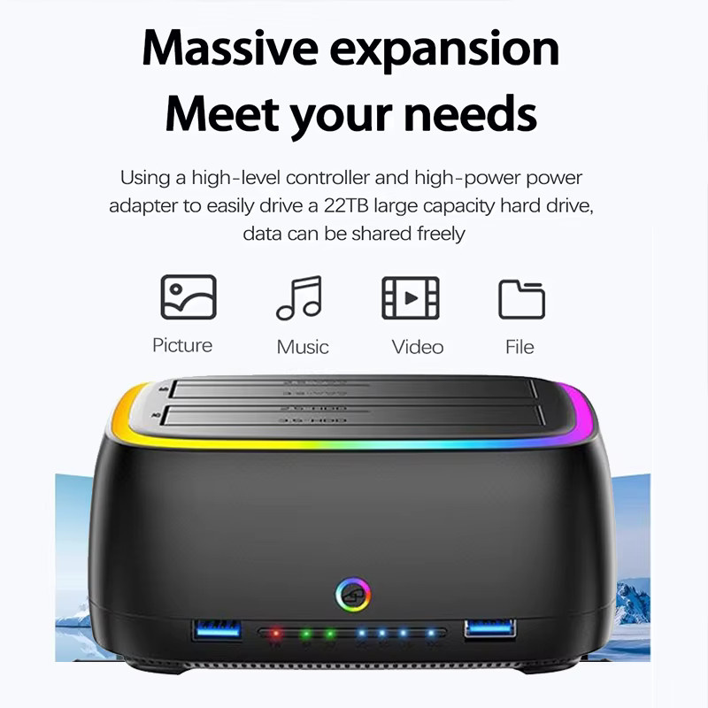 Kebidu Dual-Bay Festplattenstation mit Offline-Klondaten-Funktion, USB 3.0 5 Gbit/s RGB-Adapter für 2,5 und 3,5 Zoll HDD/SSD sowie TF/SD-Karte, Schwarz/Multicolor - Bild 5