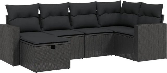 vidaXL 6-tlg Garten-Sofagarnitur in L-Form aus schwarzem PE-Rattan mit Kissen und pulverbeschichtetem Stahlgestell - Bild 1