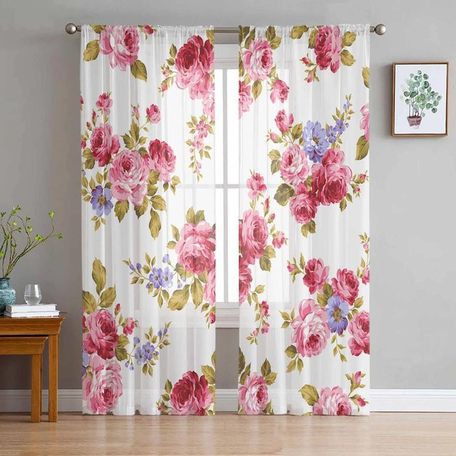 Yiran Furniture Transparenter Voile-Vorhang mit weißem Blumenmuster im Retro-Stil, Breite: 135 cm, Höhe: 115 cm - Bild 1