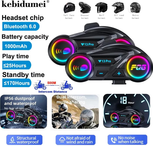 kebidumei Y13 Pro Helm-Intercom-Headset mit Dual-Bluetooth 6.0, RGB-Lichteffekt und 500 m Reichweite in Schwarz/Multicolor - Bild 1