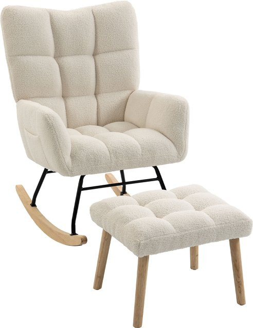 HOMCOM Schaukelstuhl mit Fußhocker in Creme, gepolsterter Sherpa-Sessel mit hohem Rücken, Seitentaschen und Stahl-Holzgestell - Bild 1