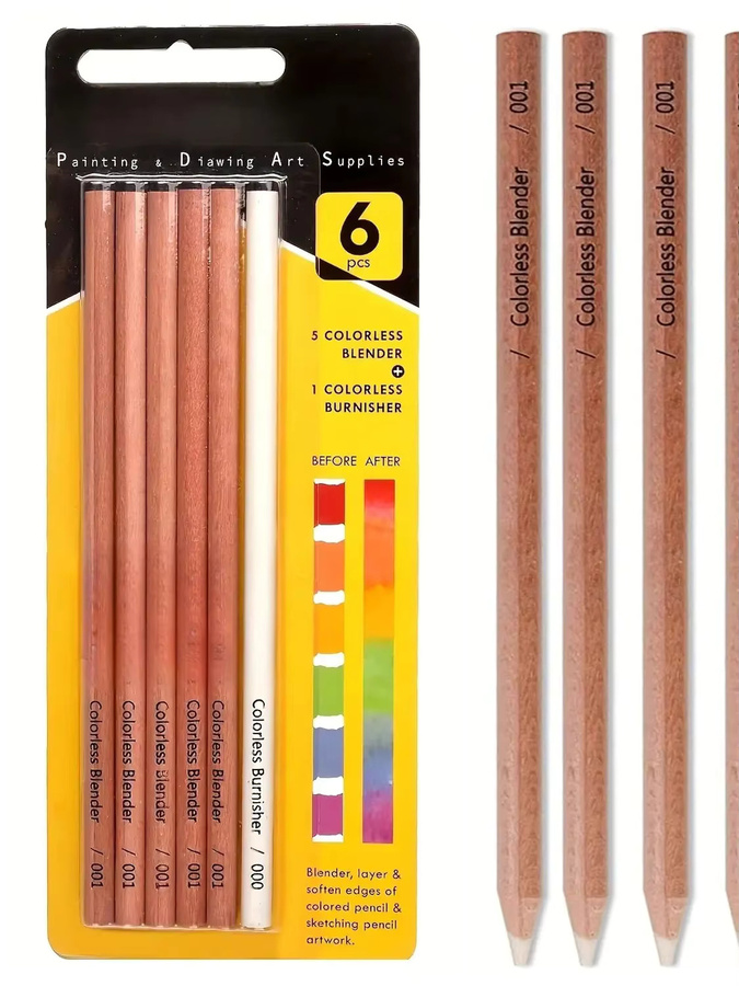 6er Set Farblose Mixer-Stifte für professionelle Buntstift-Kunstwerke zum Mischen, Schichten und Erweichen von Kanten, Transparent - Bild 4