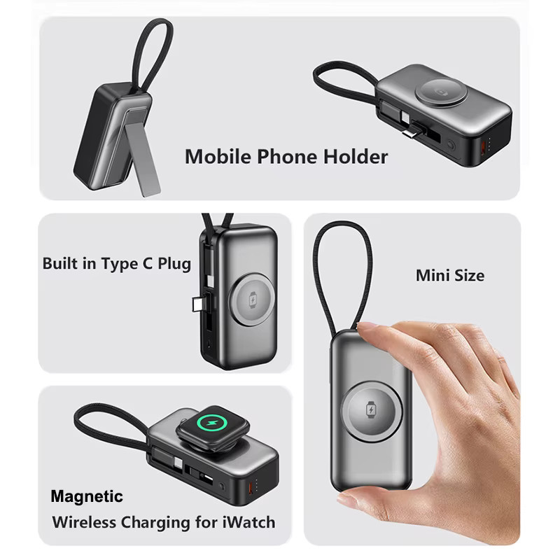 Mini-Powerbank mit USB-C-Kabelstecker PD20W in Silber, magnetisches kabelloses Ladegerät für iPhone 16 15 und Apple Watch 10 9 - Bild 3
