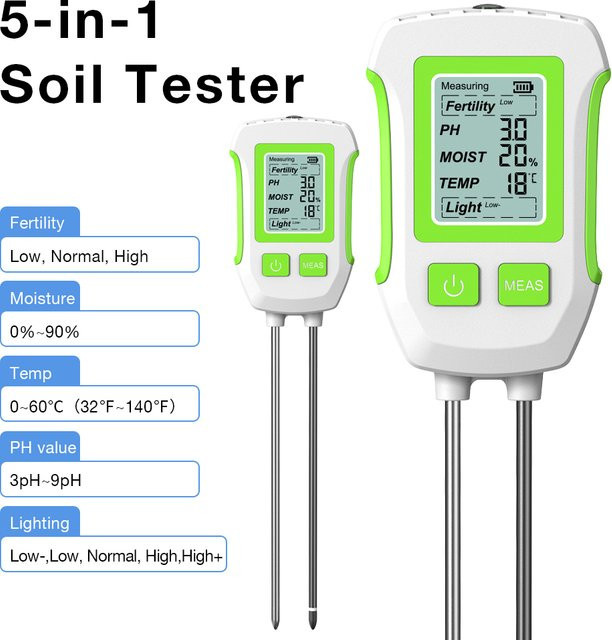 JUANJUAN LCD Digital Boden PH Tester 3/5 in 1 Boden Feuchtigkeit Sensor mit Temperatur und Sonnenlicht Monitor für Garten und Pflanzen in Weiß - Bild 1