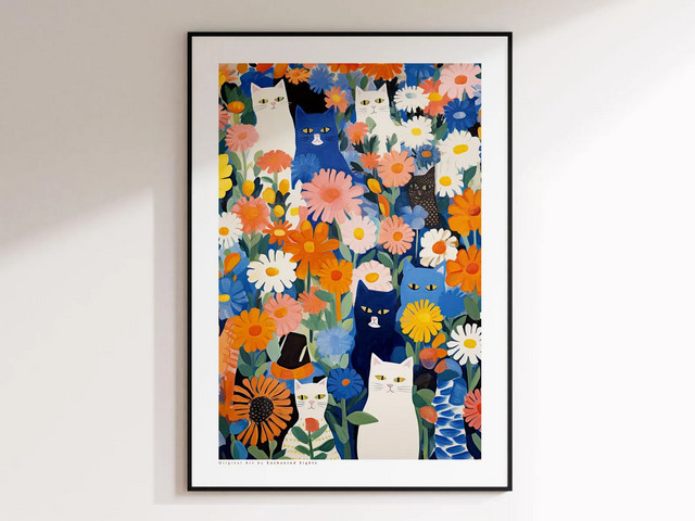 SHENCHEN Wandkunstdruck Blaue Katze im Garten mit Blumen-Illustration, moderner Papierposter in Mehrfarbig - Bild 1