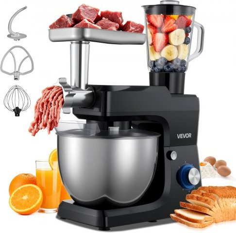 VEVOR Multifunktionale Küchenmaschine in Schwarz mit 1500 W Leistung, Edelstahlschüssel (7,8 l) und Mixbecher (1,5 l), elektrischer Standmixer mit 6+P Geschwindigkeiten inklusive Knethaken, Schneebesen und Rührbesen - Bild 1