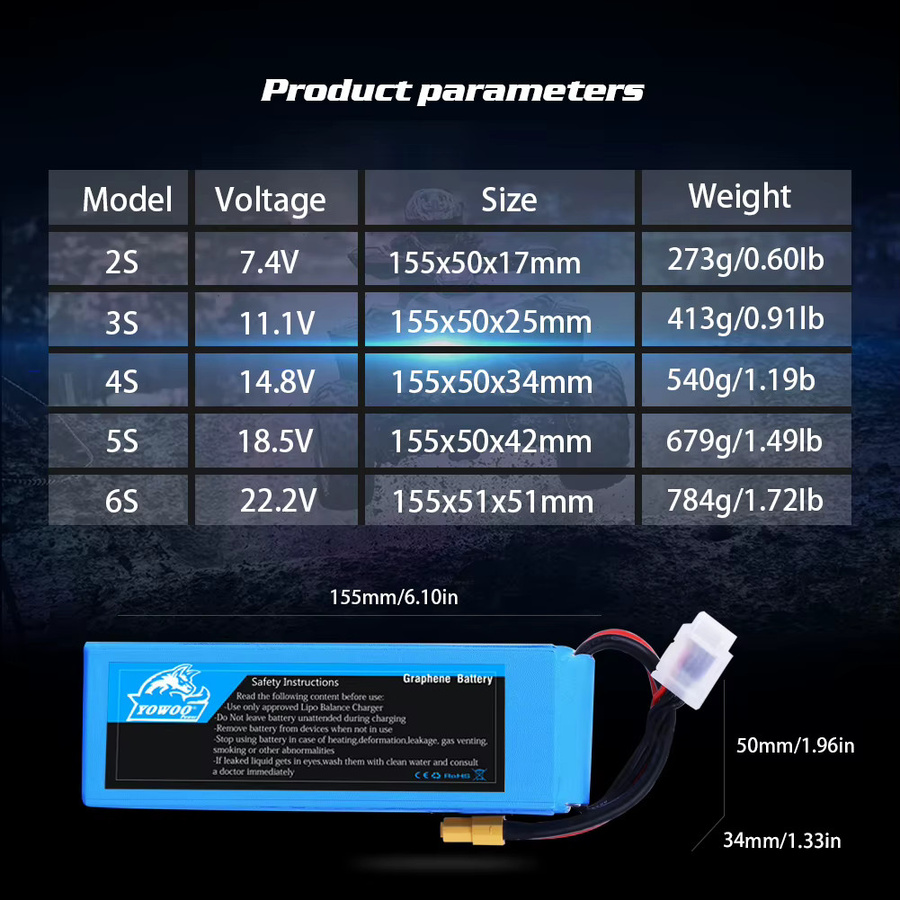 Yewoo Graphene Lipo 4S Batterie, 14,8 V 5000 mah XT60 100C, 1/2 Pack - Bild 2