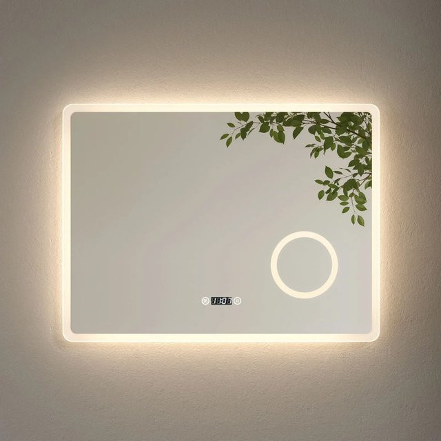 Emke Badspiegel mit LED und 3-facher Vergrößerung, Weiß, B: 80 cm, H: 60 cm, Kaltweißes Licht - Bild 1