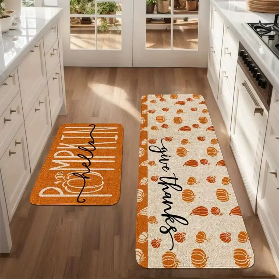 VIKAMA Thanksgiving Küchenbodenmatte und Korridor-Teppich, Anti-Rutsch, Orange, Floral, 2/3 Stück - Bild 2