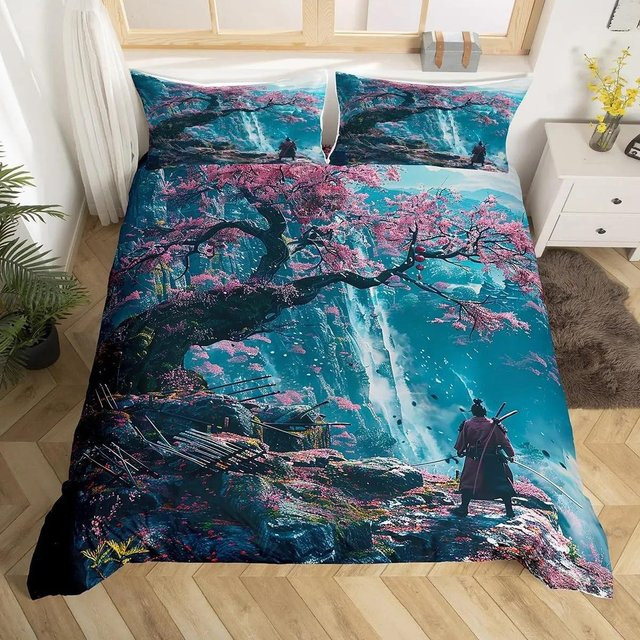 Japanisches Samurai Bettwäscheset mit Kirschblüten, Roter Sonne und Fuji Berg, Bettbezug und Kissenbezug in Rot und Blau, B/H: 135 x 200 cm - Bild 1