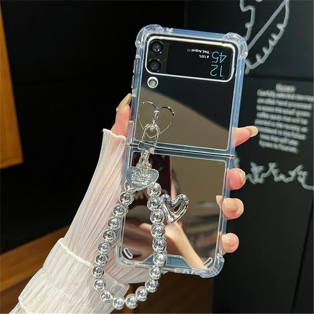 Samsung Galaxy Z Flip 6 5 4 3 Handyhülle mit 3D Herz Perlen Armband und Spiegel in Grau - Bild 1