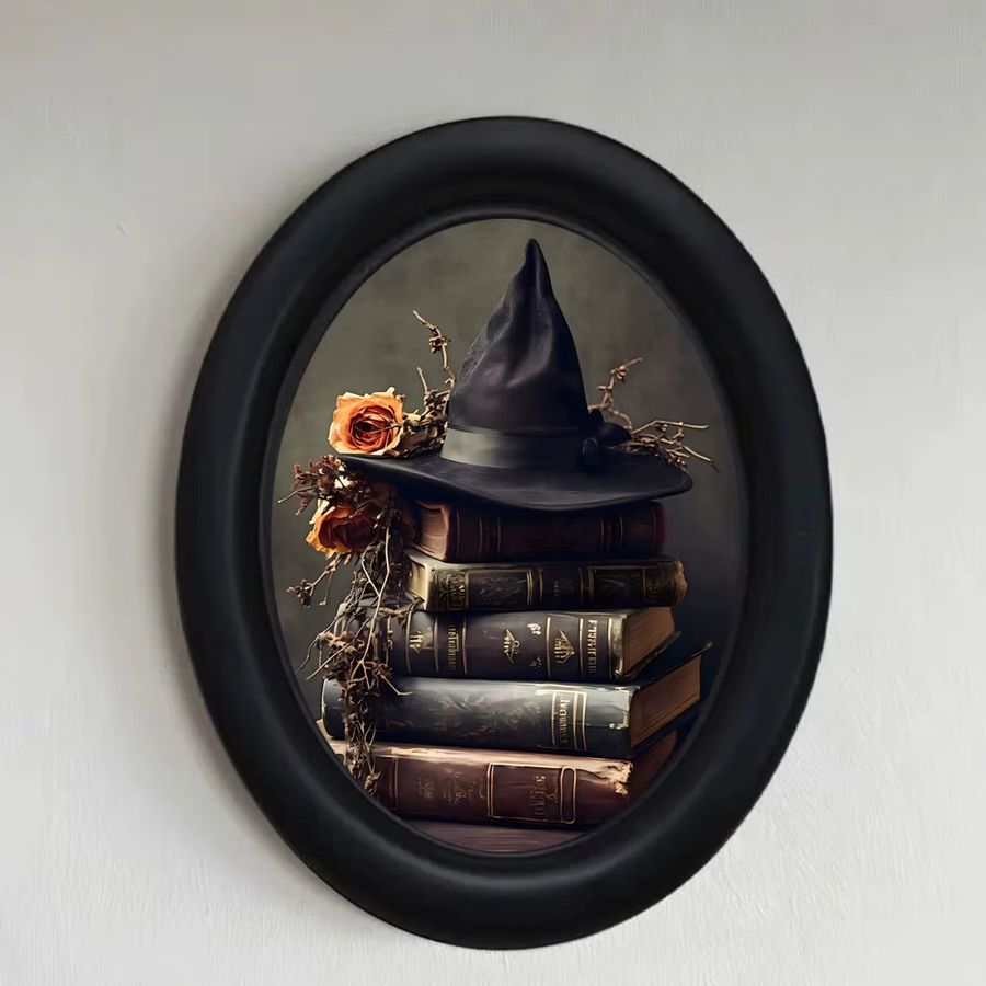Dekoratives 3D-Retro-Halloween-Hexenhut Wandbild von Buchhobbys, handgefertigte ovale Wandkunst aus Holz in Schwarz - Bild 7